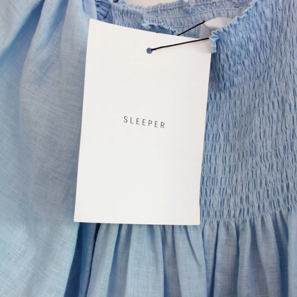 Sleeper Atlanta Midi Linen Dress in Light Blue Puff Sleeve Smocking - Picture 6 of 12